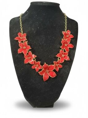 Talbots Red Enamel Poinsettia Floral Statement Necklace NWT